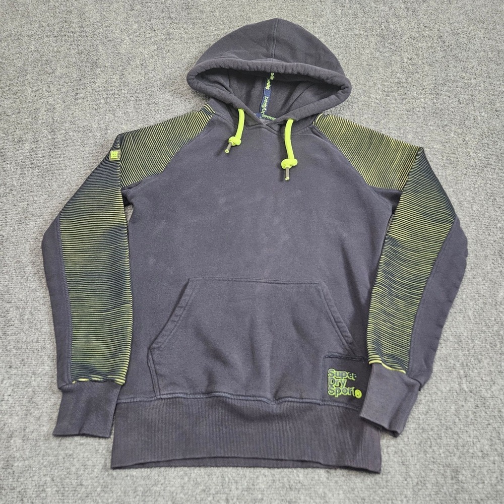 SuperDry Sport Hoodie Mens S Navy Neon Green Ribbed Athleisure Urban Activewear